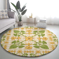 Squares Puakenikeni and Kalo Round Carpet Beige Palaka Hawaiian Quilt Pattern LT9 - Polynesian Pride