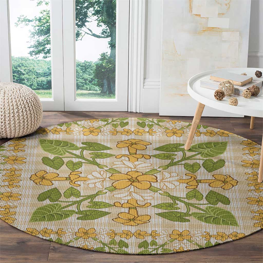 Squares Puakenikeni and Kalo Round Carpet Beige Palaka Hawaiian Quilt Pattern LT9 - Polynesian Pride