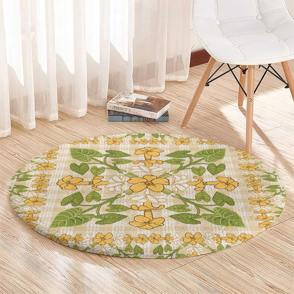 Squares Puakenikeni and Kalo Round Carpet Beige Palaka Hawaiian Quilt Pattern LT9 - Polynesian Pride