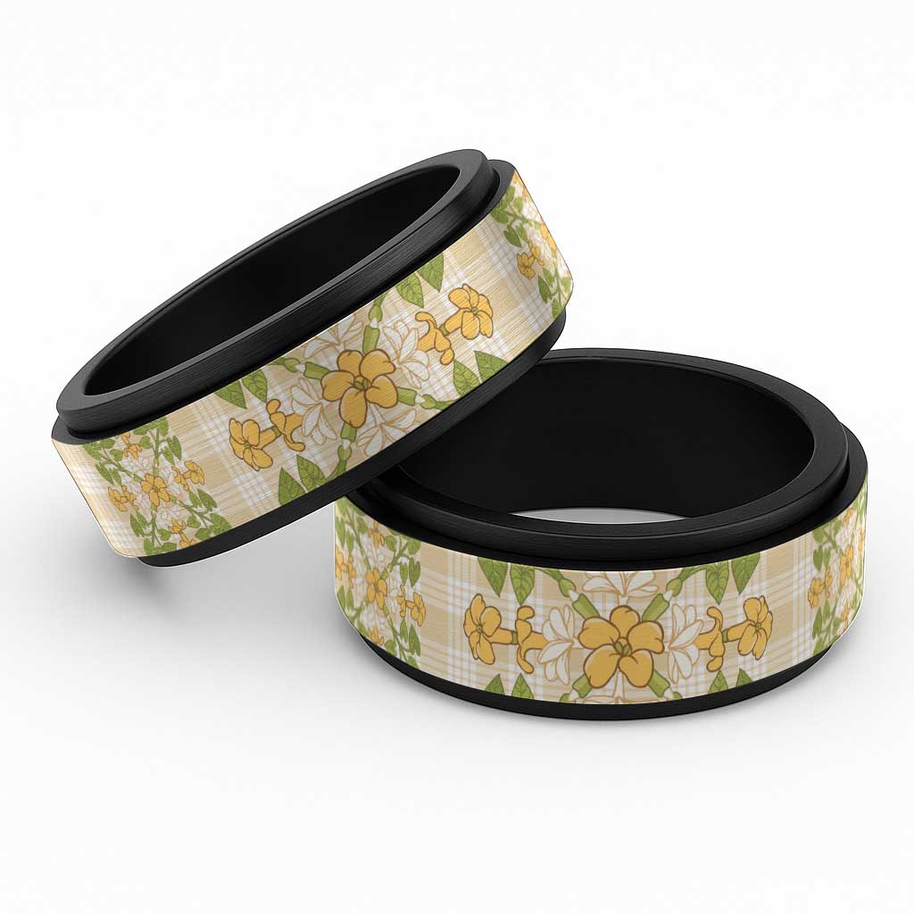 Squares Puakenikeni and Kalo Spinner Ring Beige Palaka Hawaiian Quilt Pattern LT9 Black Beige - Polynesian Pride