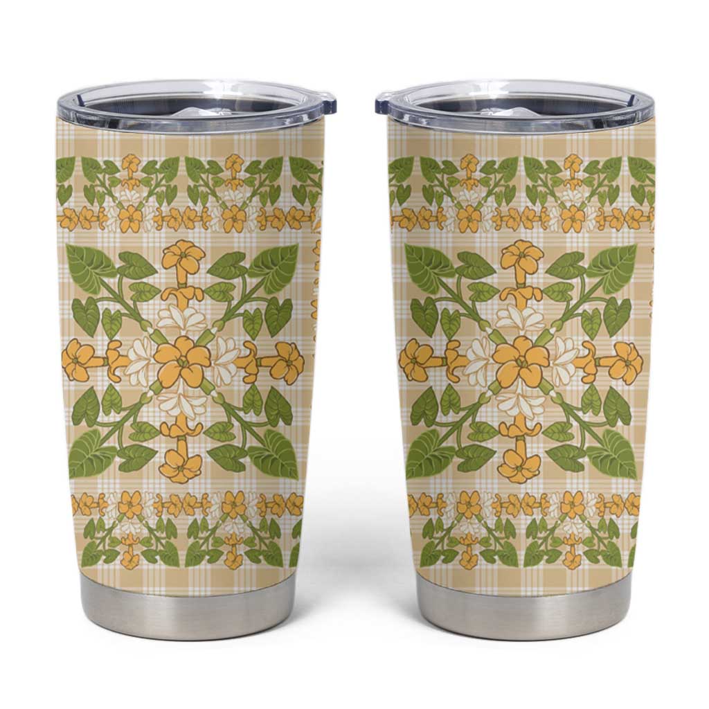 Squares Puakenikeni and Kalo Tumbler Cup Beige Palaka Hawaiian Quilt Pattern LT9 Beige - Polynesian Pride