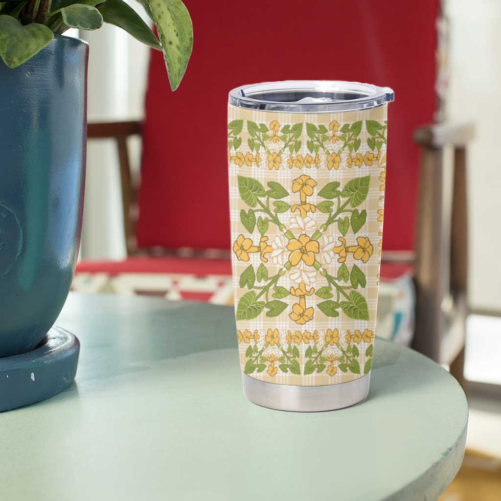Squares Puakenikeni and Kalo Tumbler Cup Beige Palaka Hawaiian Quilt Pattern LT9 - Polynesian Pride