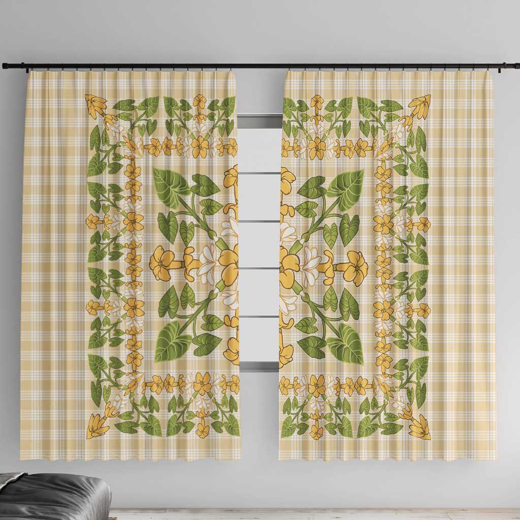 Squares Puakenikeni and Kalo Window Curtain Beige Palaka Hawaiian Quilt Pattern LT9 With Hooks Beige - Polynesian Pride