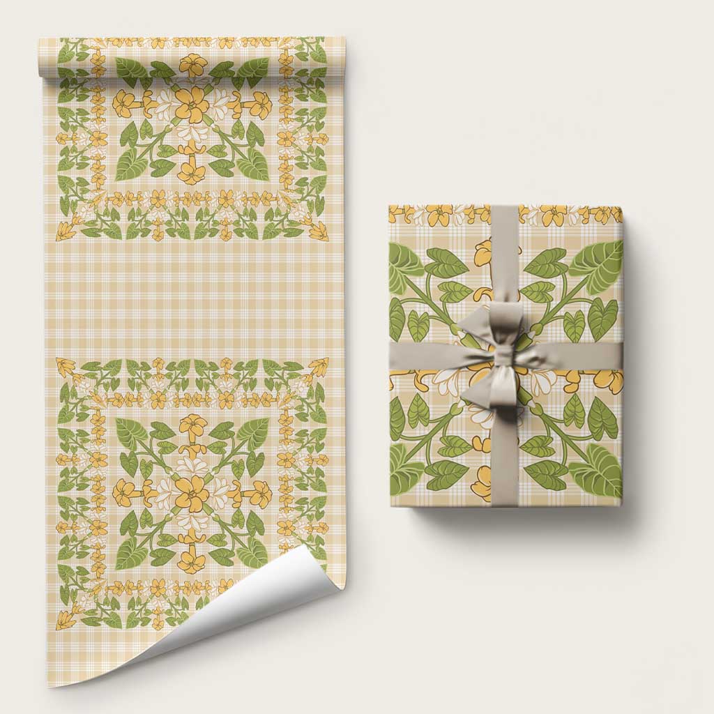 Squares Puakenikeni and Kalo Wrapping Paper Beige Palaka Hawaiian Quilt Pattern LT9 58" × 23" Beige - Polynesian Pride