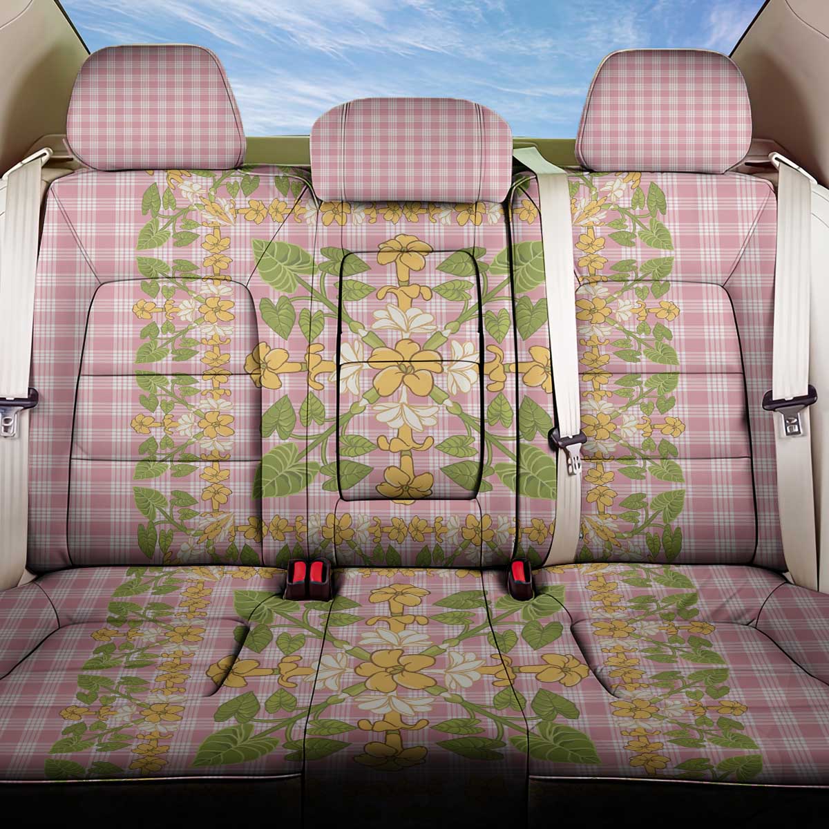 Squares Puakenikeni and Kalo Back Car Seat Cover Pink Palaka Hawaiian Quilt Pattern LT9 One Size Pink - Polynesian Pride