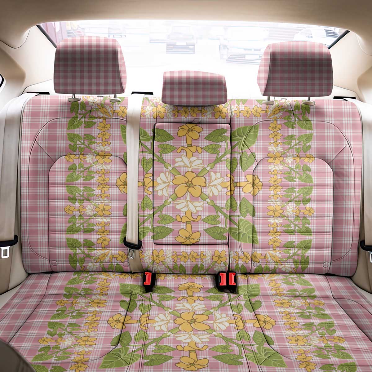 Squares Puakenikeni and Kalo Back Car Seat Cover Pink Palaka Hawaiian Quilt Pattern LT9 - Polynesian Pride