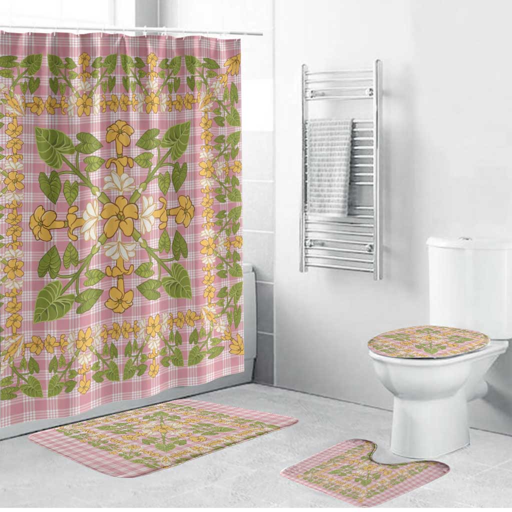 Squares Puakenikeni and Kalo Bathroom Set Pink Palaka Hawaiian Quilt Pattern LT9 Bathroom Set (4 pcs) Pink - Polynesian Pride