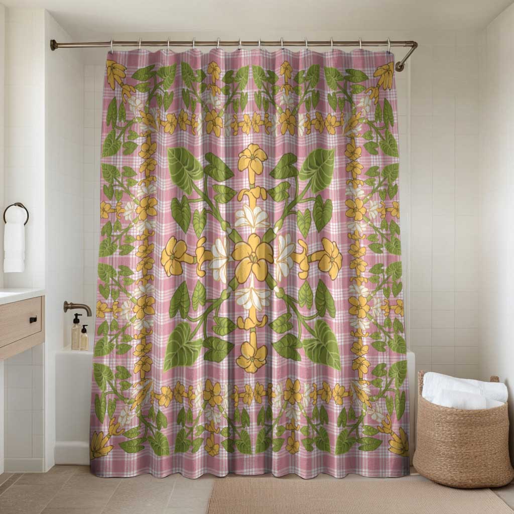 Squares Puakenikeni and Kalo Bathroom Set Pink Palaka Hawaiian Quilt Pattern LT9 Shower Curtain Only Pink - Polynesian Pride