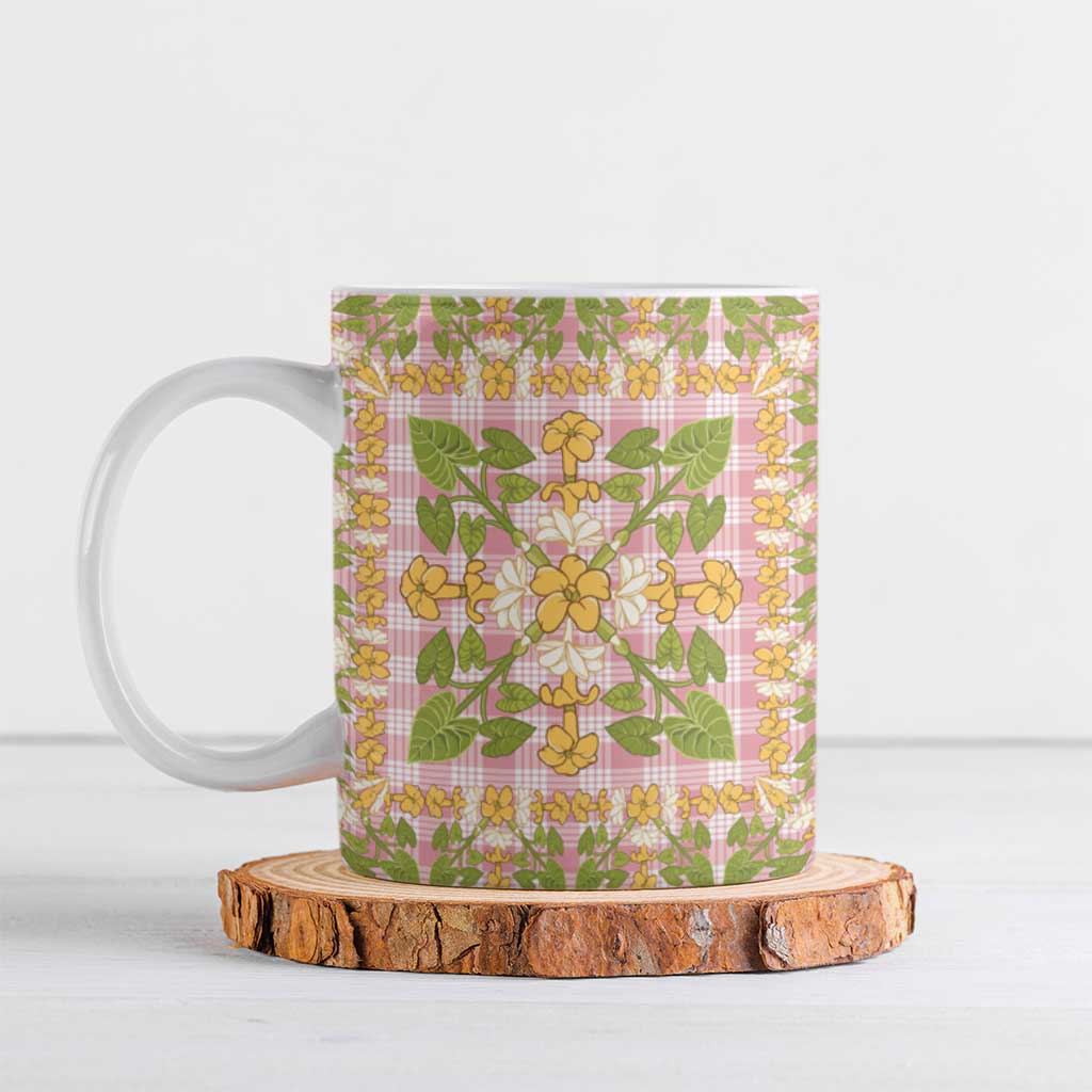 Squares Puakenikeni and Kalo Ceramic Mug Pink Palaka Hawaiian Quilt Pattern LT9 Pink - Polynesian Pride