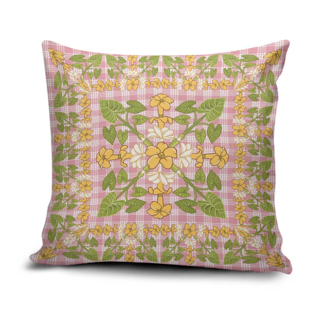 Squares Puakenikeni and Kalo Pillow Cover Pink Palaka Hawaiian Quilt Pattern LT9 Pink - Polynesian Pride