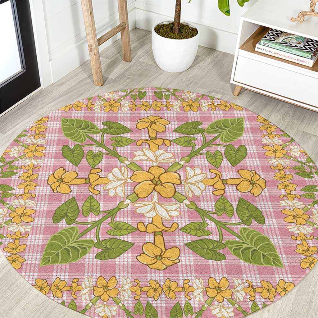 Squares Puakenikeni and Kalo Round Carpet Pink Palaka Hawaiian Quilt Pattern LT9 Pink - Polynesian Pride