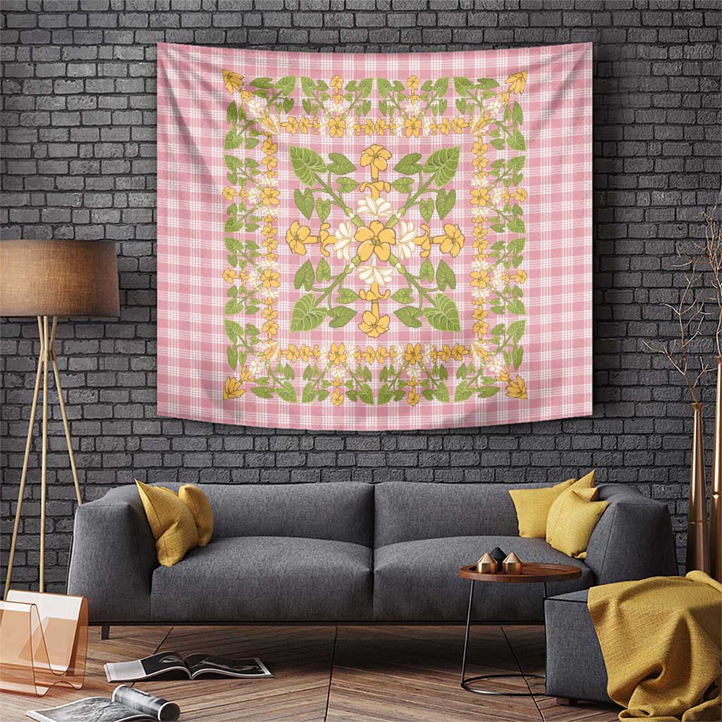 Squares Puakenikeni and Kalo Tapestry Pink Palaka Hawaiian Quilt Pattern LT9 Pink - Polynesian Pride