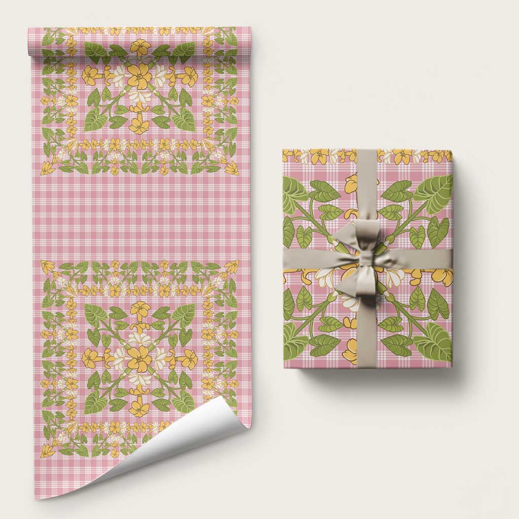 Squares Puakenikeni and Kalo Wrapping Paper Pink Palaka Hawaiian Quilt Pattern LT9 58" × 23" Pink - Polynesian Pride