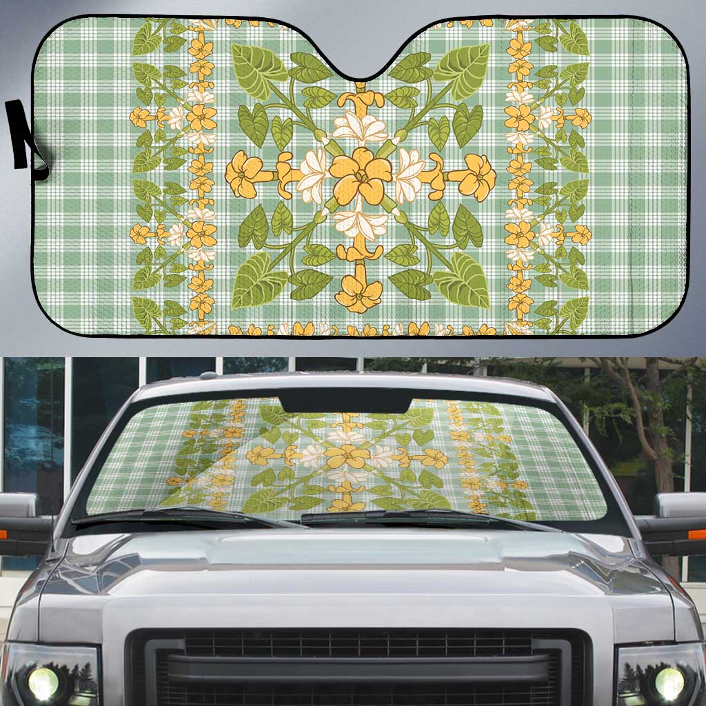 Squares Puakenikeni and Kalo Auto Sun Shade Turquoise Palaka Hawaiian Quilt Pattern LT9 Turquoise - Polynesian Pride