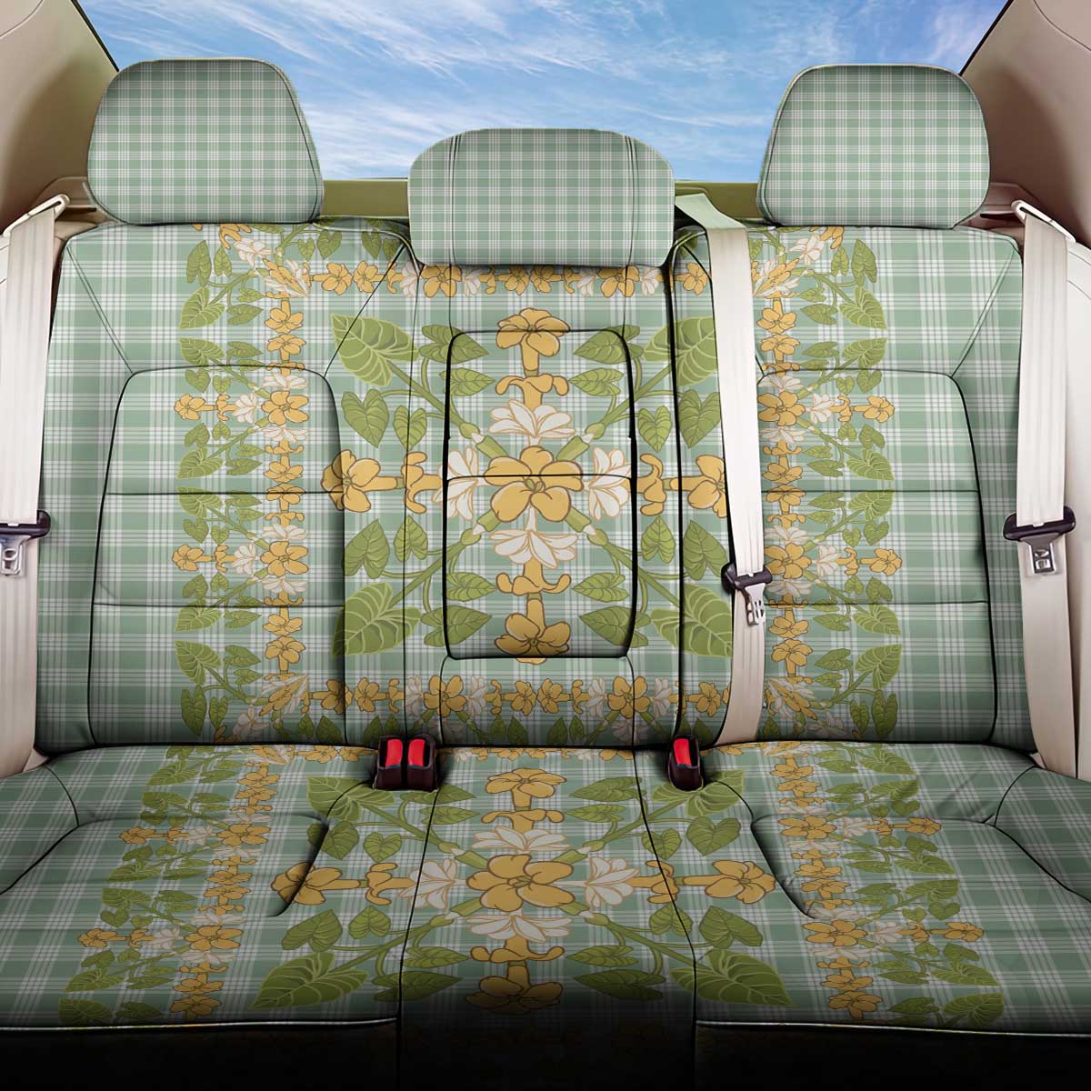 Squares Puakenikeni and Kalo Back Car Seat Cover Turquoise Palaka Hawaiian Quilt Pattern LT9 One Size Turquoise - Polynesian Pride