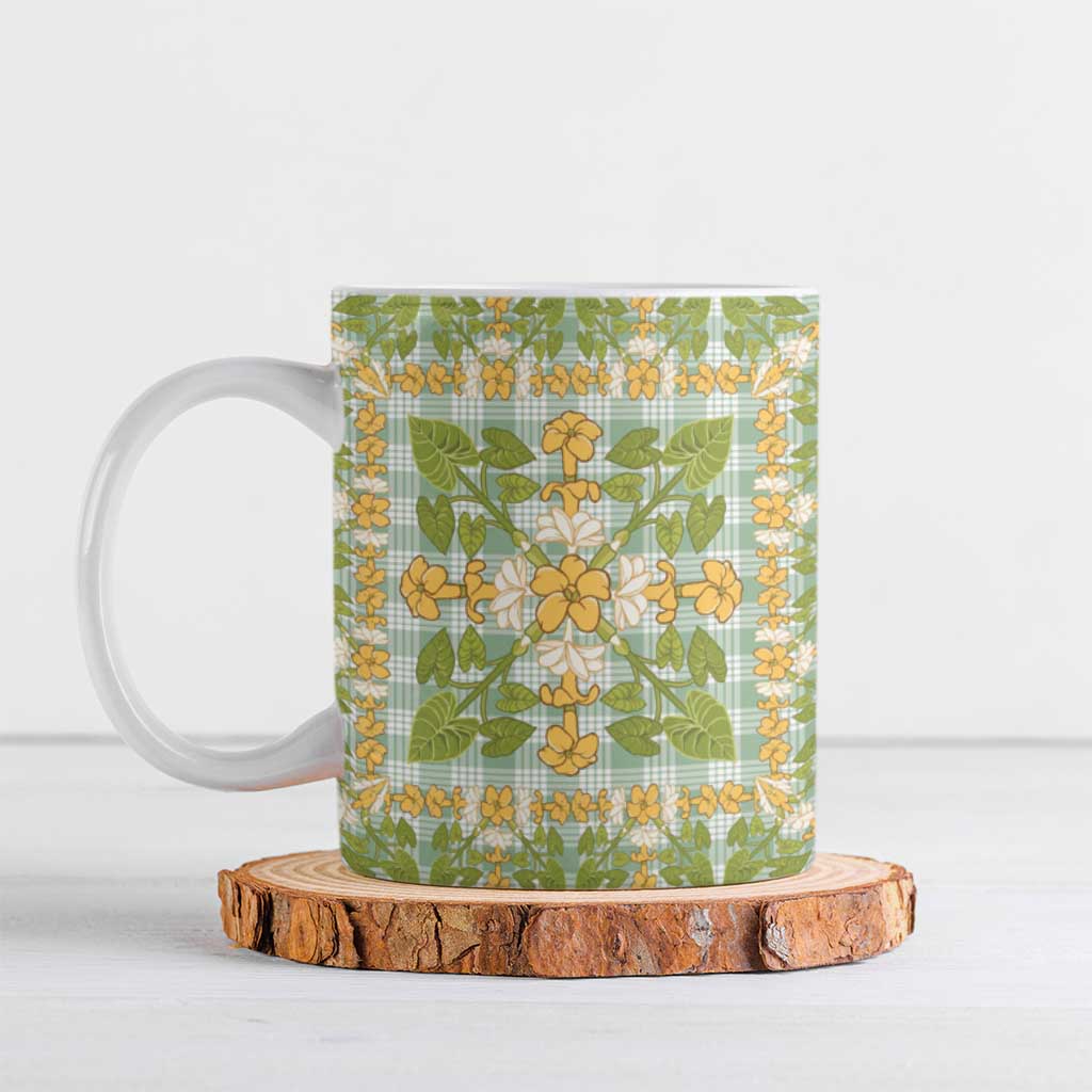 Squares Puakenikeni and Kalo Ceramic Mug Turquoise Palaka Hawaiian Quilt Pattern LT9 Turquoise - Polynesian Pride