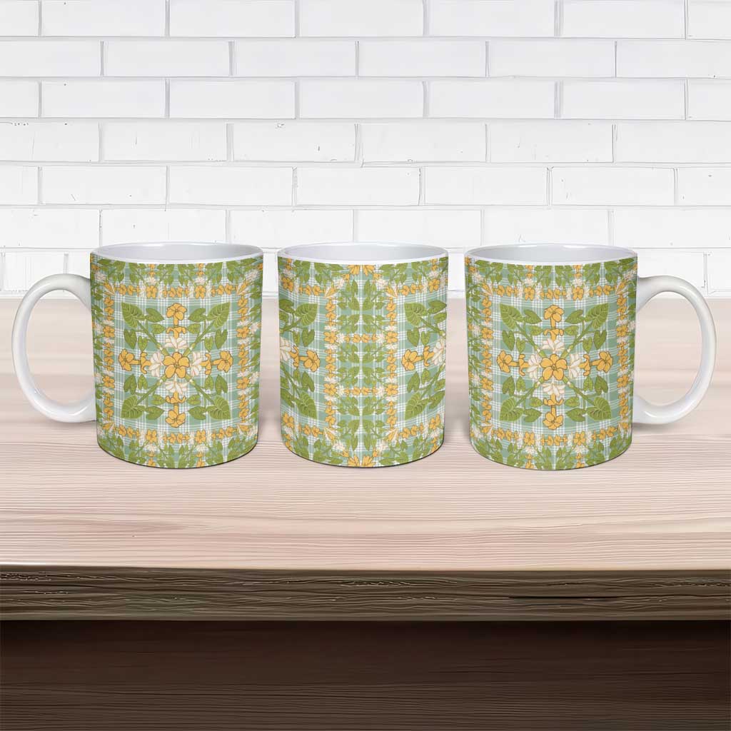 Squares Puakenikeni and Kalo Ceramic Mug Turquoise Palaka Hawaiian Quilt Pattern LT9 - Polynesian Pride