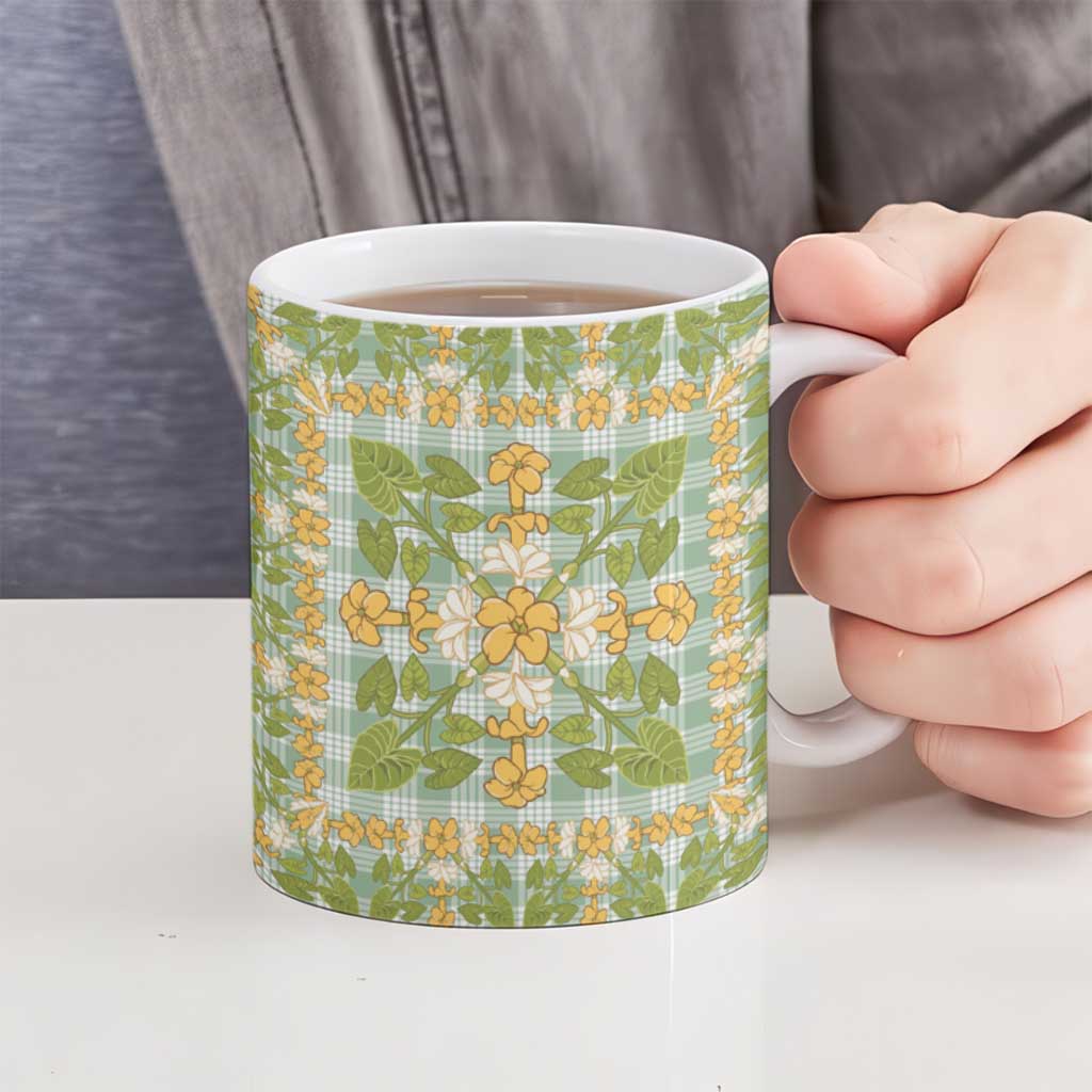 Squares Puakenikeni and Kalo Ceramic Mug Turquoise Palaka Hawaiian Quilt Pattern LT9 - Polynesian Pride