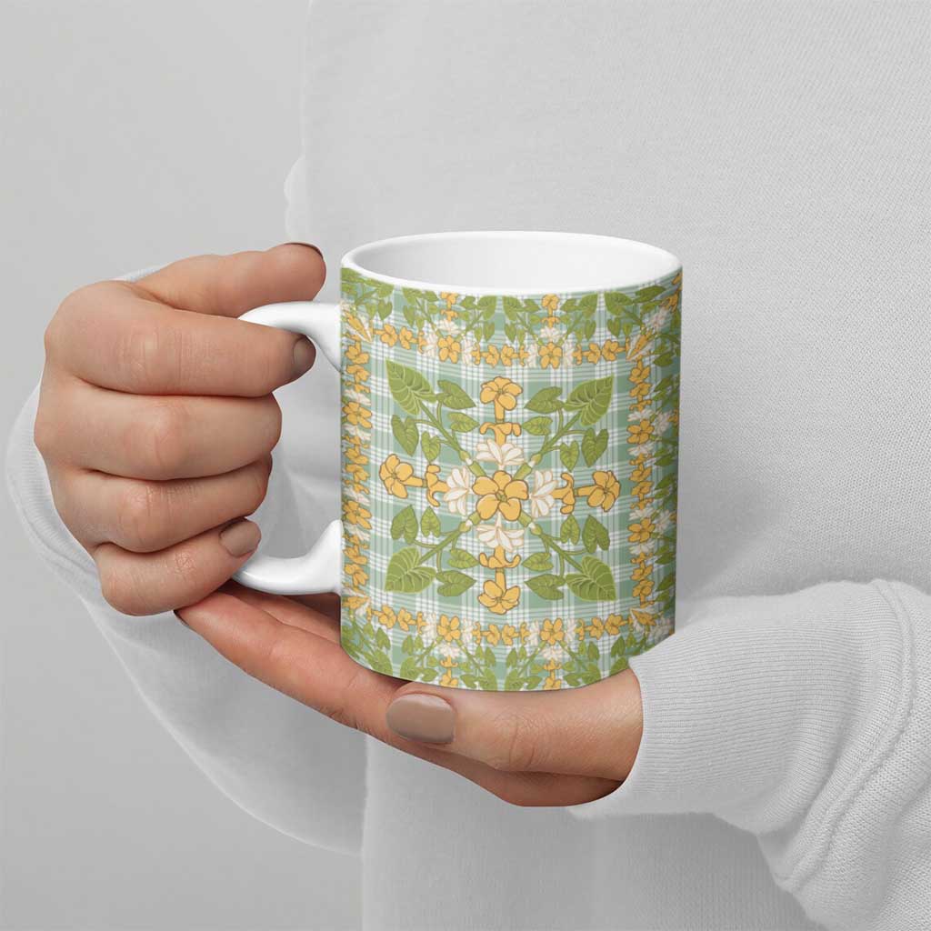 Squares Puakenikeni and Kalo Ceramic Mug Turquoise Palaka Hawaiian Quilt Pattern LT9 - Polynesian Pride