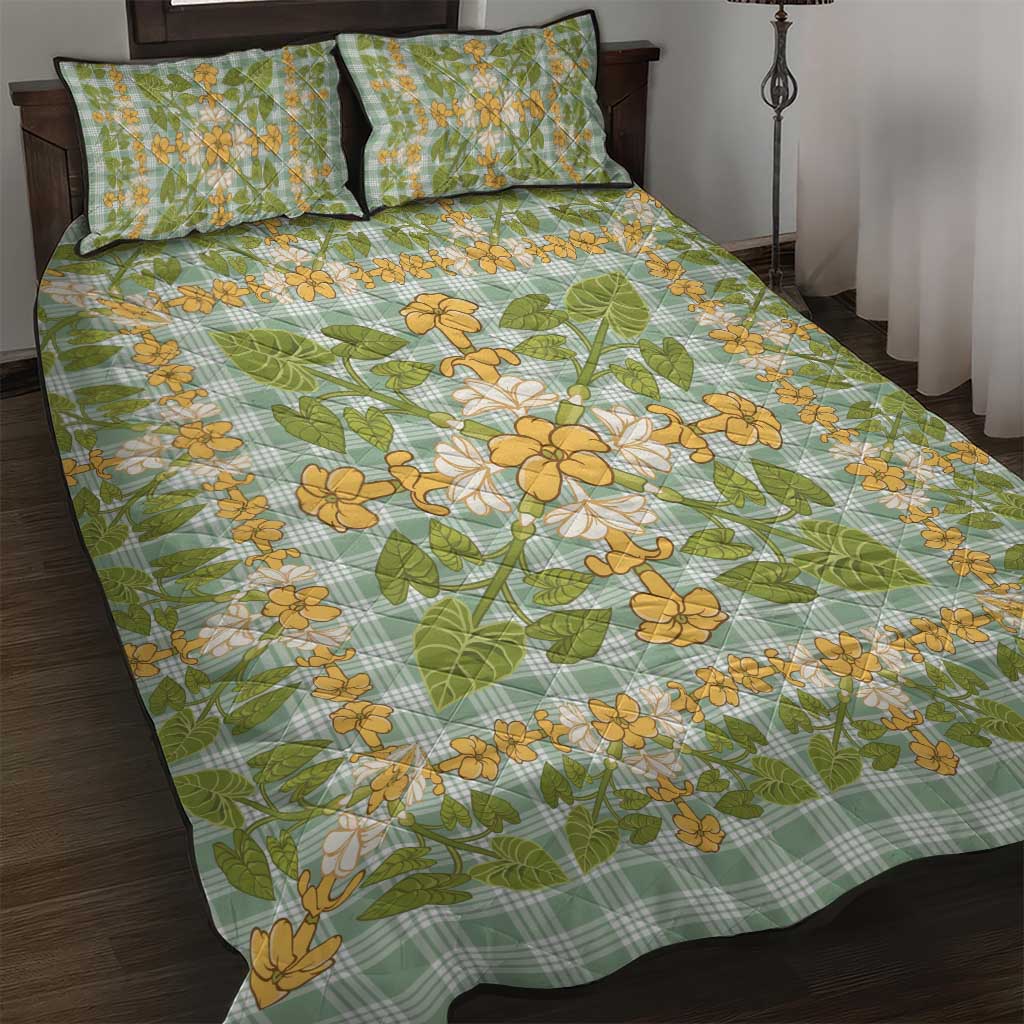 Squares Puakenikeni and Kalo Quilt Bed Set Turquoise Palaka Hawaiian Quilt Pattern LT9 Turquoise - Polynesian Pride