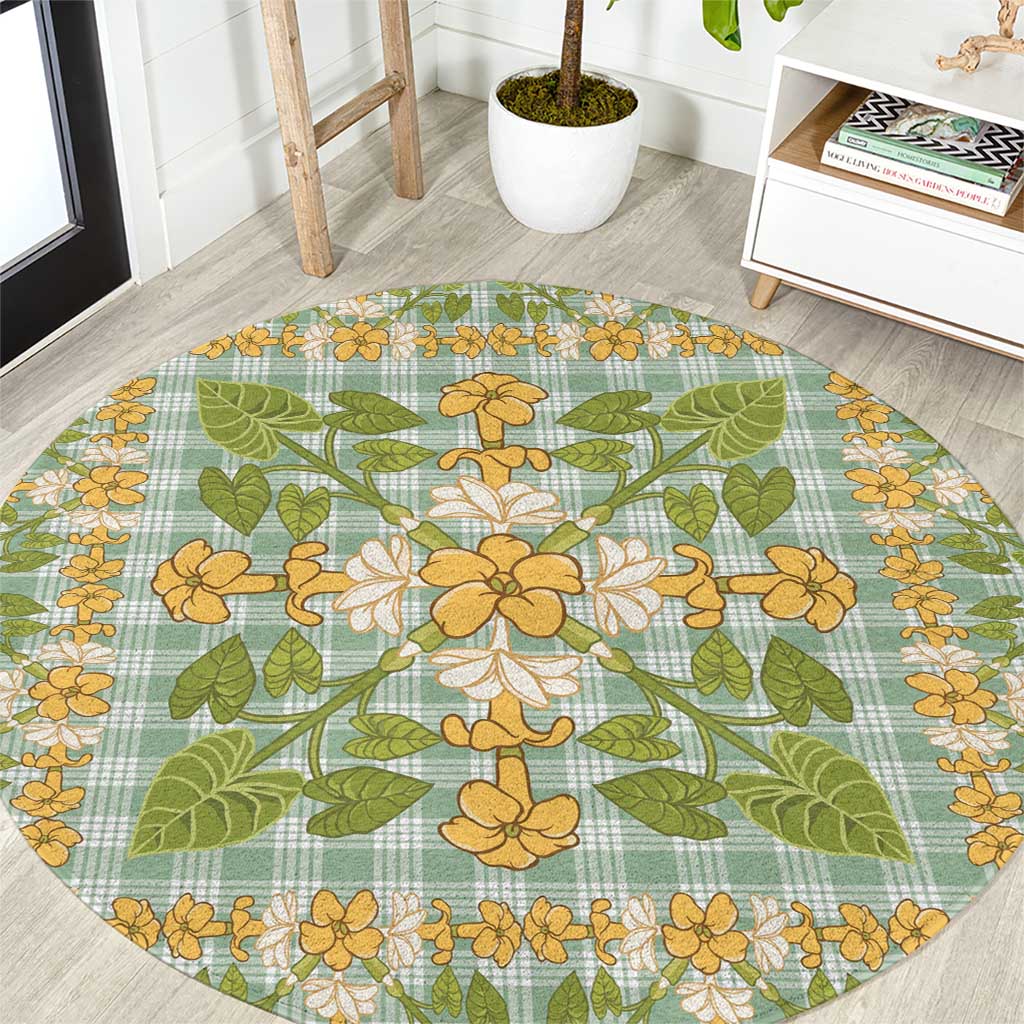 Squares Puakenikeni and Kalo Round Carpet Turquoise Palaka Hawaiian Quilt Pattern LT9 Turquoise - Polynesian Pride
