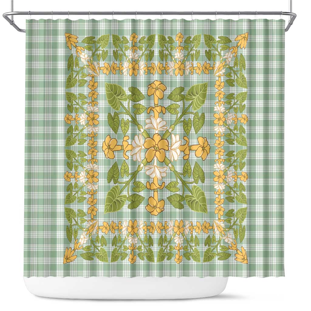 Squares Puakenikeni and Kalo Shower Curtain Turquoise Palaka Hawaiian Quilt Pattern LT9 Turquoise - Polynesian Pride