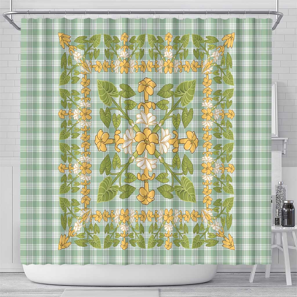 Squares Puakenikeni and Kalo Shower Curtain Turquoise Palaka Hawaiian Quilt Pattern LT9 - Polynesian Pride