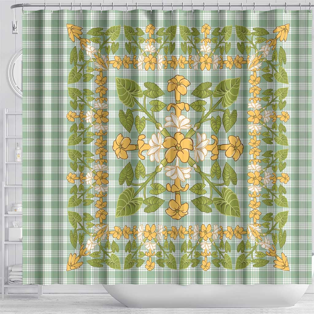 Squares Puakenikeni and Kalo Shower Curtain Turquoise Palaka Hawaiian Quilt Pattern LT9 - Polynesian Pride