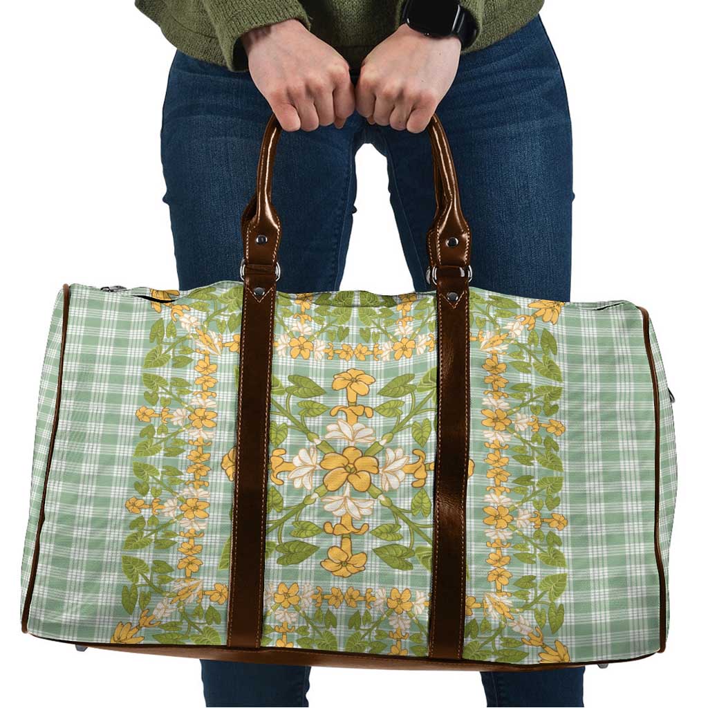 Squares Puakenikeni and Kalo Travel Bag Turquoise Palaka Hawaiian Quilt Pattern LT9 Turquoise - Polynesian Pride