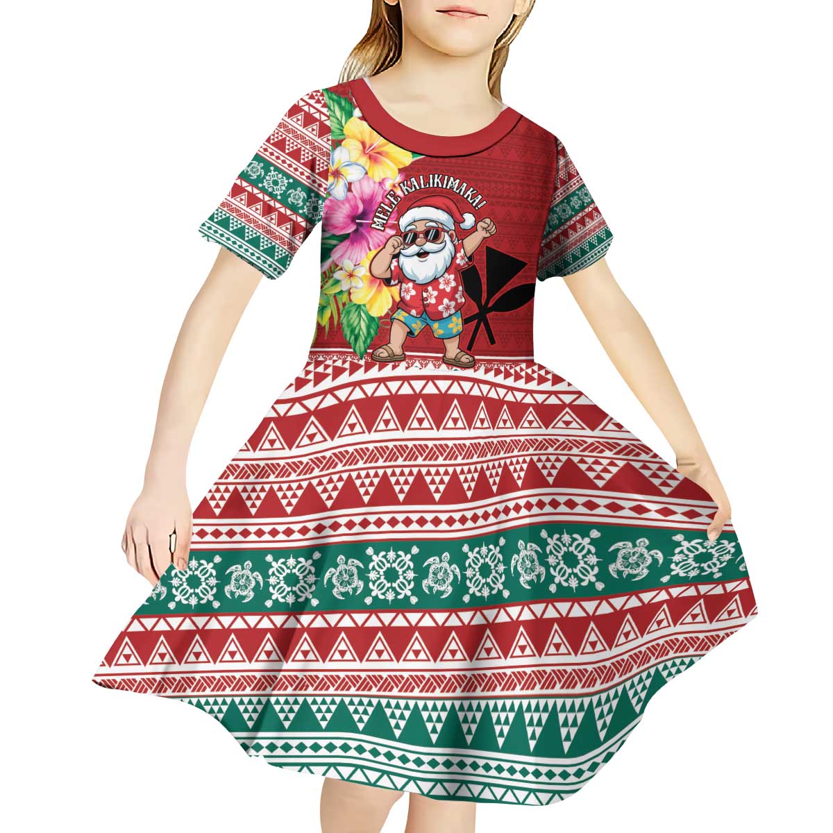 Santa Surf Mele Kalikimaka Personalized Kid Short Sleeve Dress Aloha Tropical Christmas Vibes LT9 - Polynesian Pride