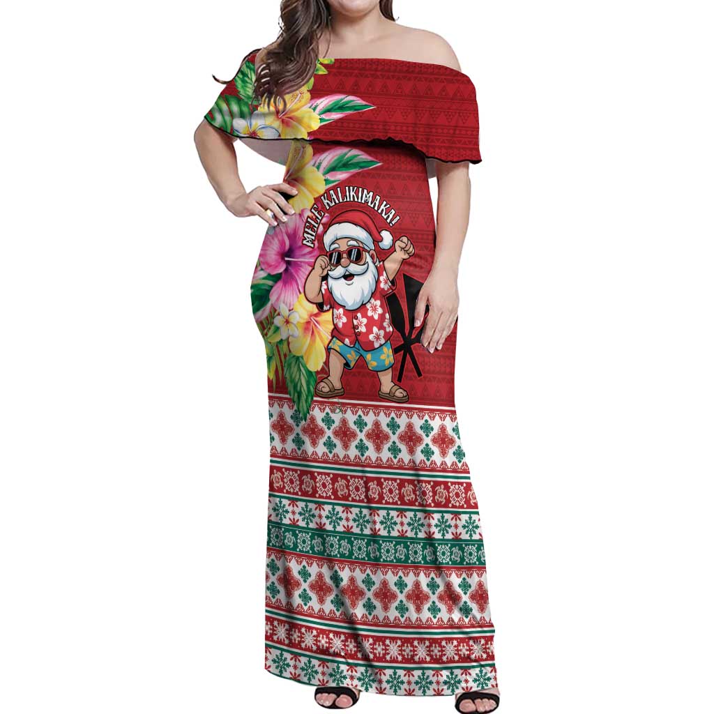 Santa Surf Mele Kalikimaka Personalized Off Shoulder Maxi Dress Aloha Tropical Christmas Vibes LT9 Women Red - Polynesian Pride