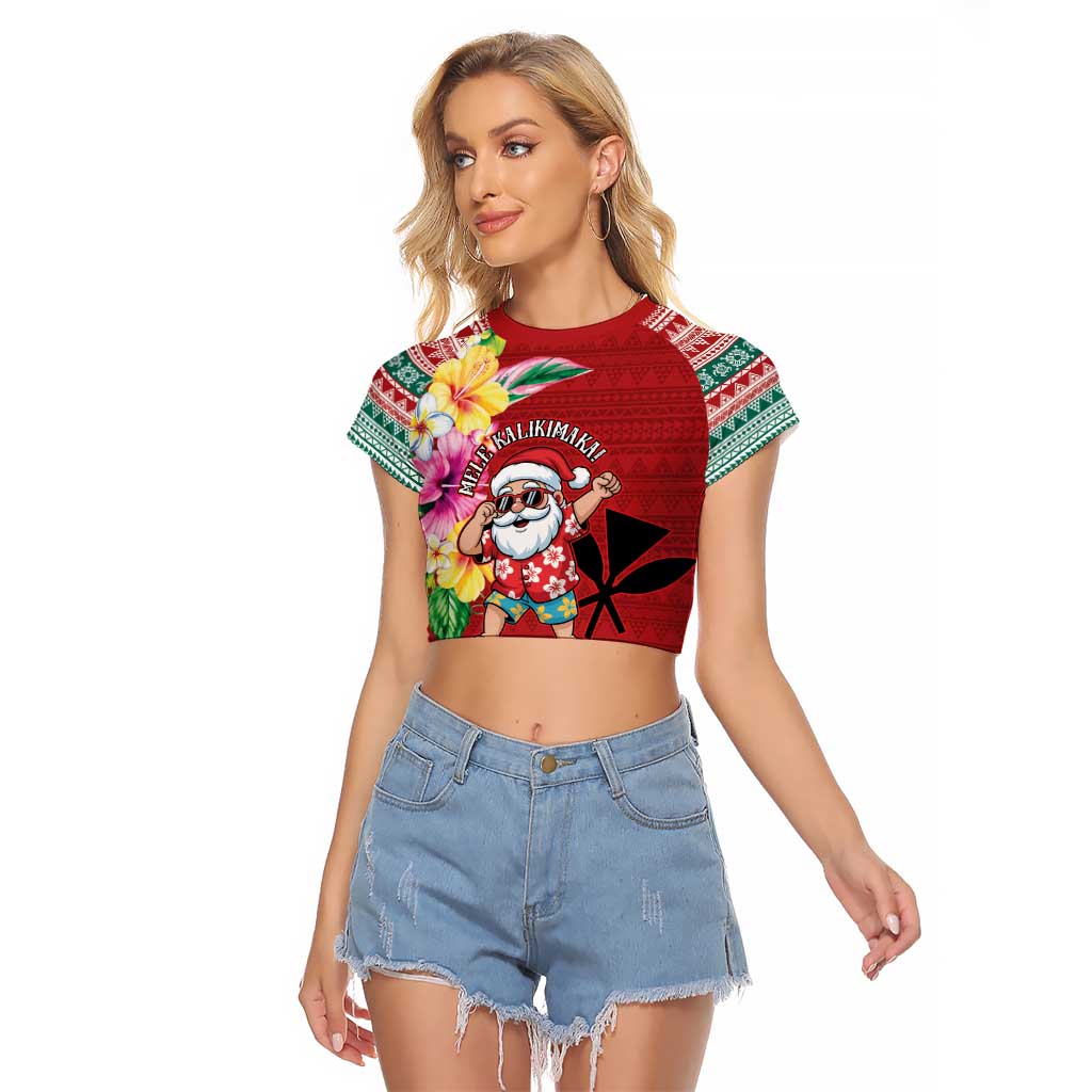 Santa Surf Mele Kalikimaka Personalized Raglan Cropped T Shirt Aloha Tropical Christmas Vibes LT9 Female Red - Polynesian Pride