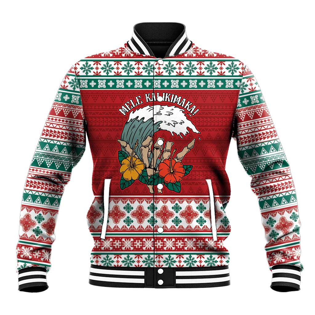 Shaka Sign Skull Mele Kalikimaka Personalized Baseball Jacket Hawaiian Quilt Pattern LT9 Unisex Red - Polynesian Pride