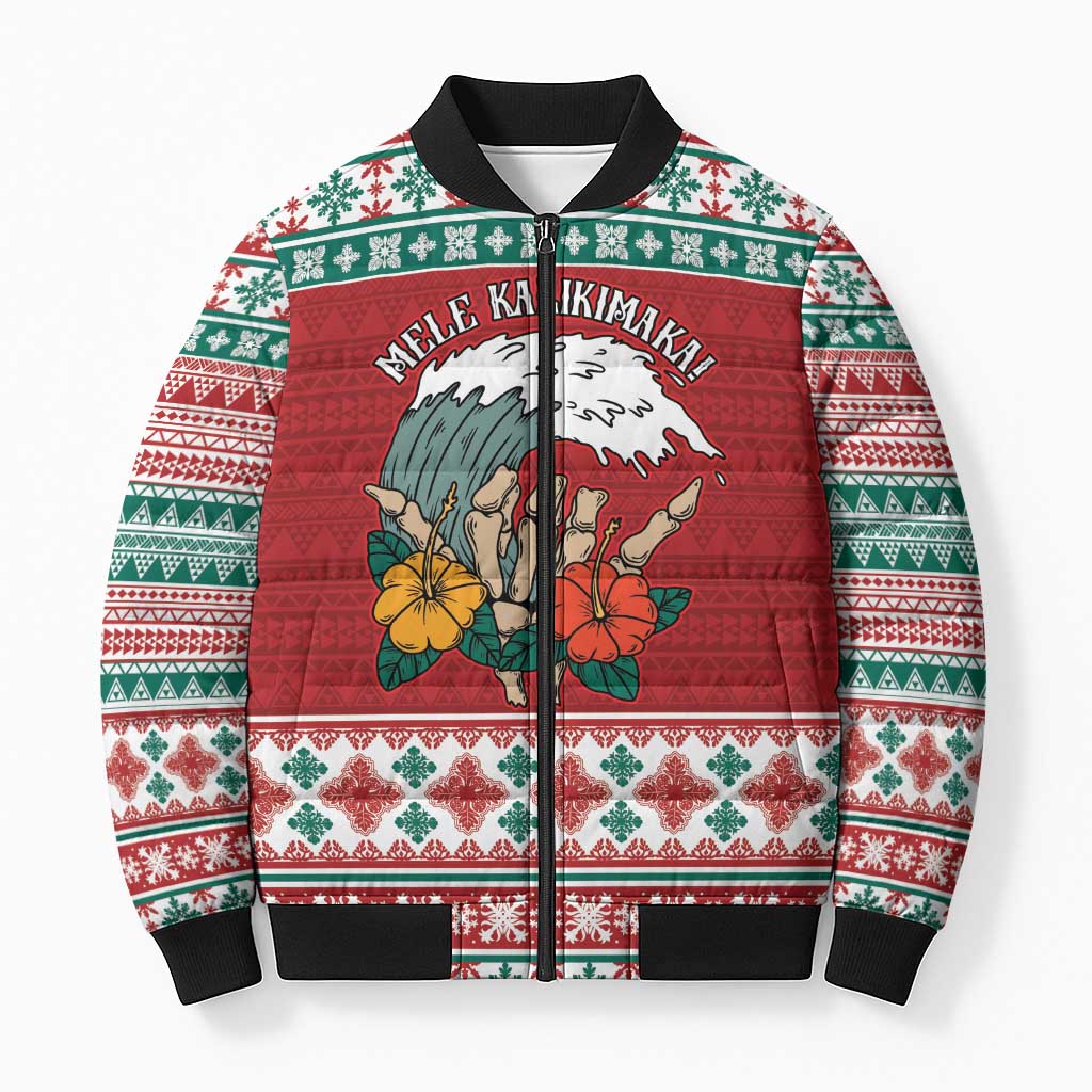Shaka Sign Skull Mele Kalikimaka Personalized Bomber Puffer Jacket Hawaiian Quilt Pattern LT9 Unisex Red - Polynesian Pride