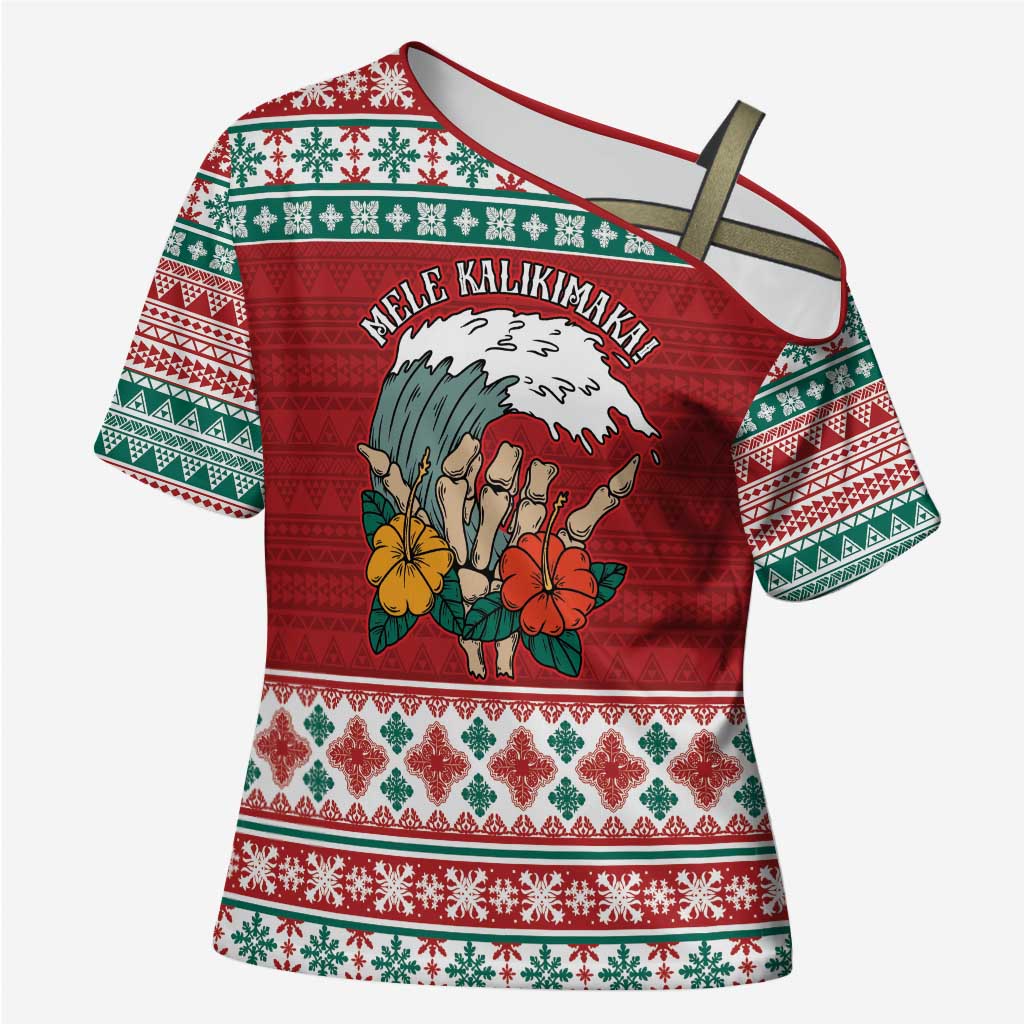 Shaka Sign Skull Mele Kalikimaka Personalized Cross Shoulder Shirt Hawaiian Quilt Pattern LT9 Female Red - Polynesian Pride