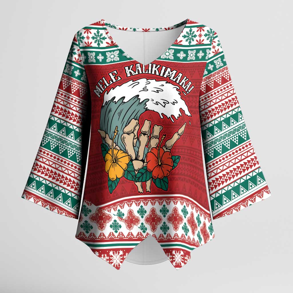 Shaka Sign Skull Mele Kalikimaka Personalized Kimono Sleeve Blouse Hawaiian Quilt Pattern LT9 Female Red - Polynesian Pride