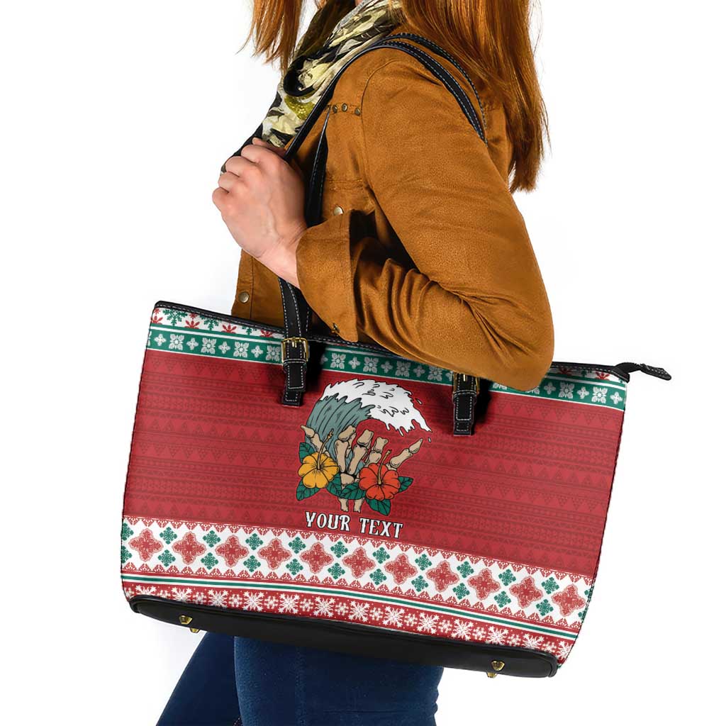 Shaka Sign Skull Mele Kalikimaka Personalized Leather Tote Bag Hawaiian Quilt Pattern LT9 Red - Polynesian Pride