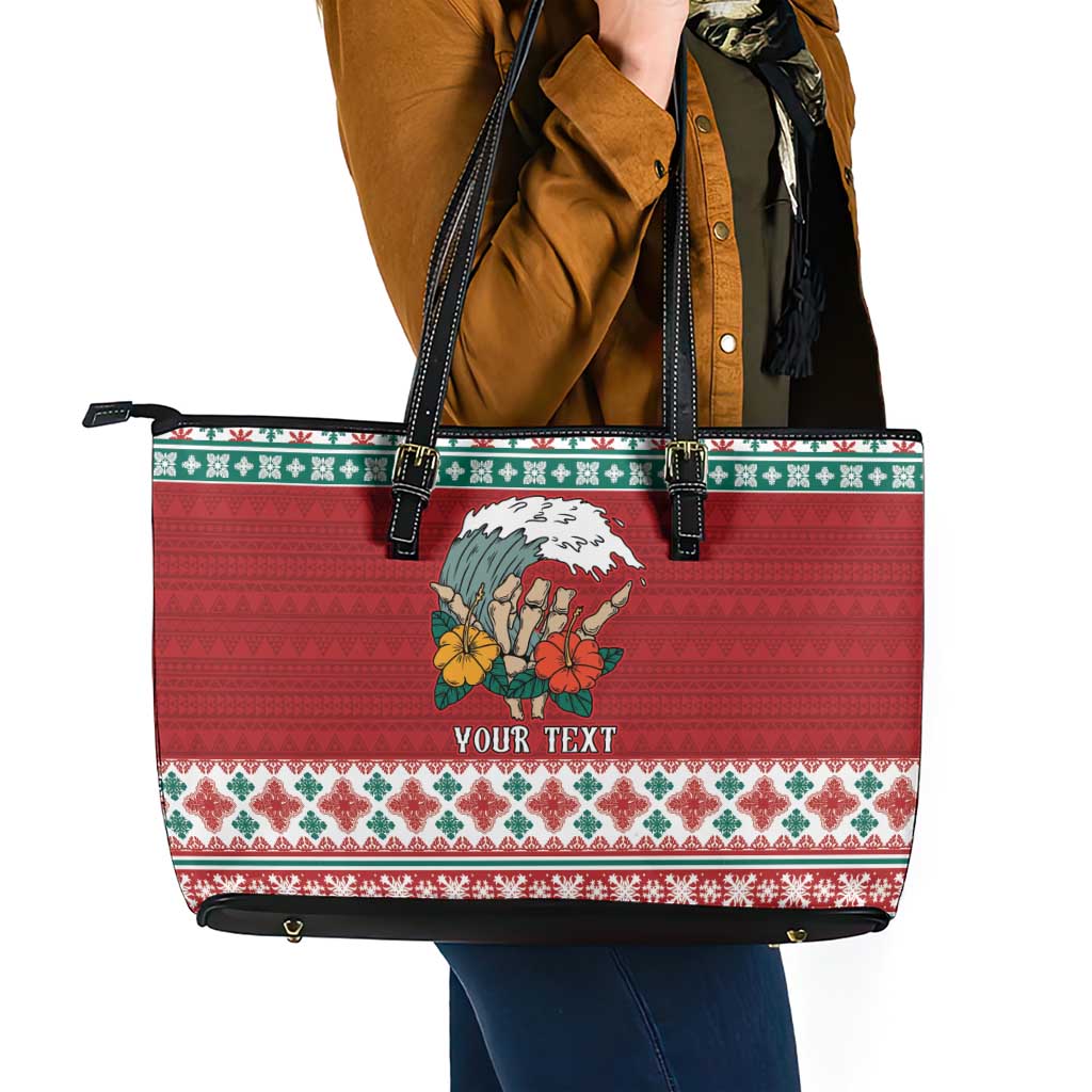 Shaka Sign Skull Mele Kalikimaka Personalized Leather Tote Bag Hawaiian Quilt Pattern LT9 - Polynesian Pride