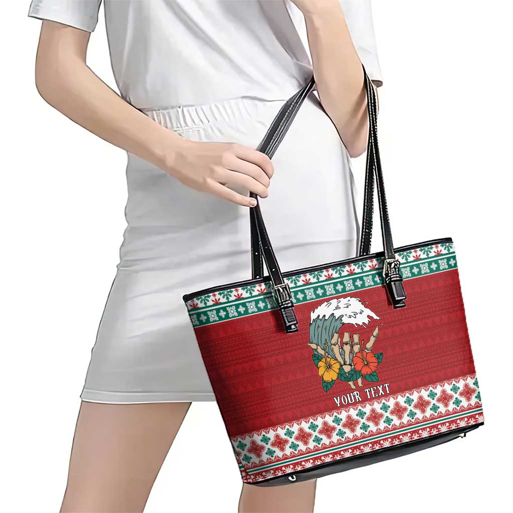 Shaka Sign Skull Mele Kalikimaka Personalized Leather Tote Bag Hawaiian Quilt Pattern LT9 - Polynesian Pride