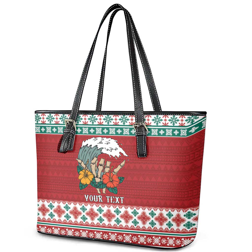 Shaka Sign Skull Mele Kalikimaka Personalized Leather Tote Bag Hawaiian Quilt Pattern LT9 - Polynesian Pride
