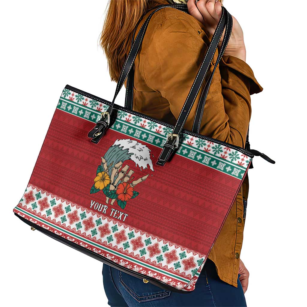 Shaka Sign Skull Mele Kalikimaka Personalized Leather Tote Bag Hawaiian Quilt Pattern LT9 - Polynesian Pride