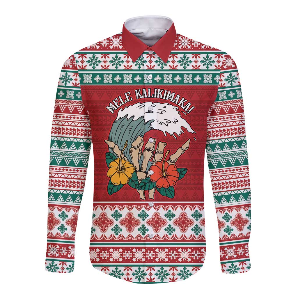 Shaka Sign Skull Mele Kalikimaka Personalized Long Sleeve Button Shirt Hawaiian Quilt Pattern LT9 Unisex Red - Polynesian Pride