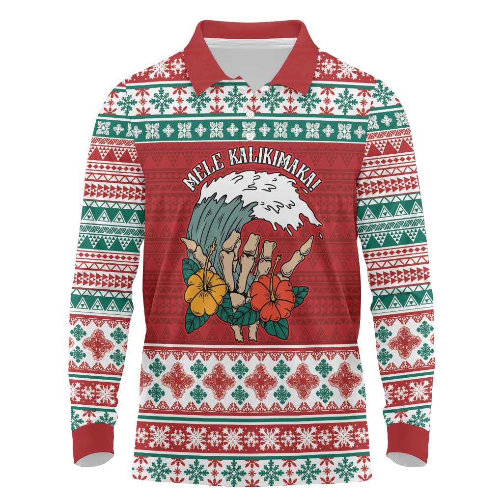 Shaka Sign Skull Mele Kalikimaka Personalized Long Sleeve Polo Shirt Hawaiian Quilt Pattern LT9 Red - Polynesian Pride