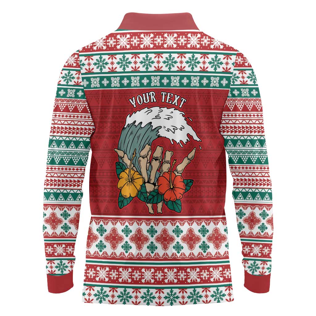 Shaka Sign Skull Mele Kalikimaka Personalized Long Sleeve Polo Shirt Hawaiian Quilt Pattern LT9 - Polynesian Pride