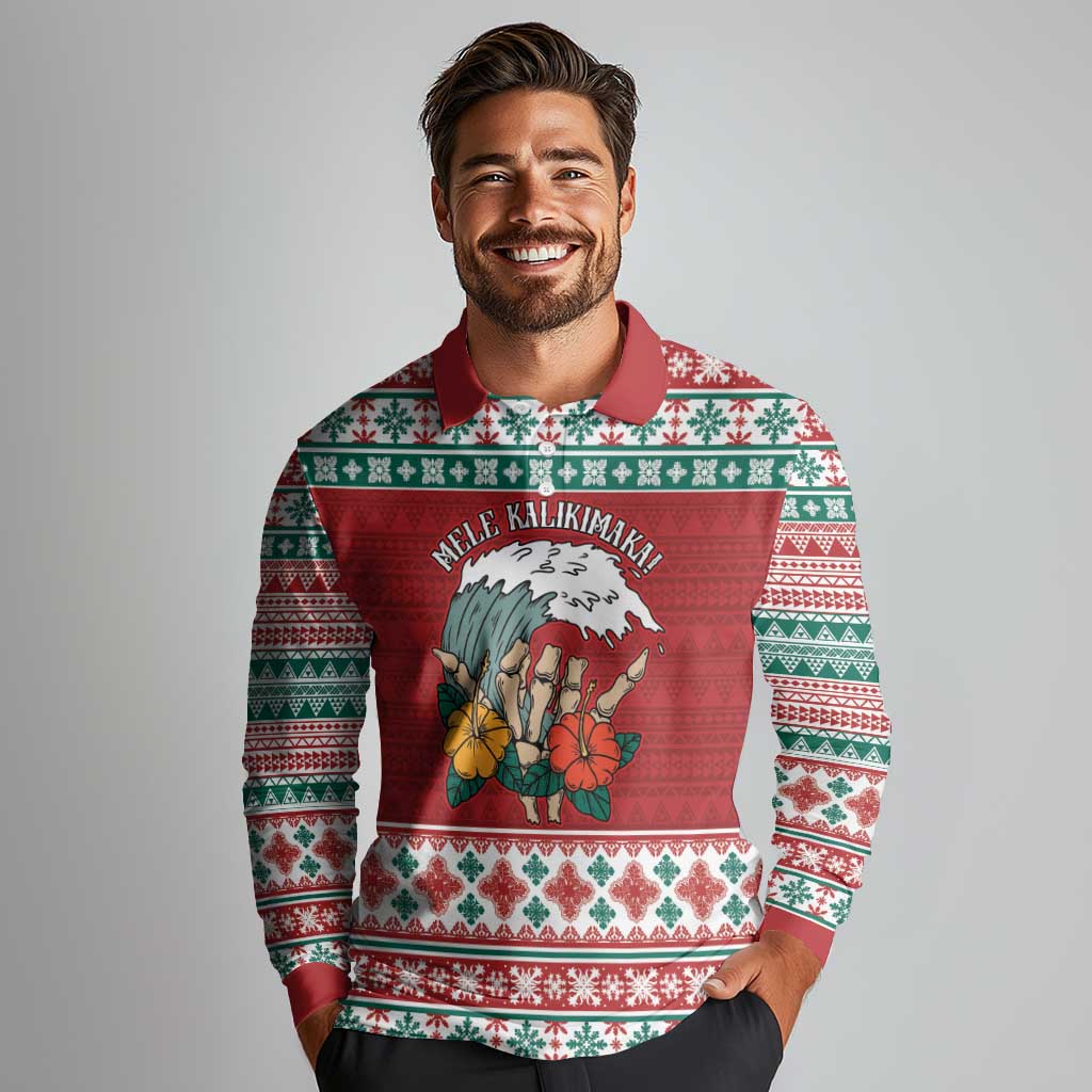 Shaka Sign Skull Mele Kalikimaka Personalized Long Sleeve Polo Shirt Hawaiian Quilt Pattern LT9 - Polynesian Pride