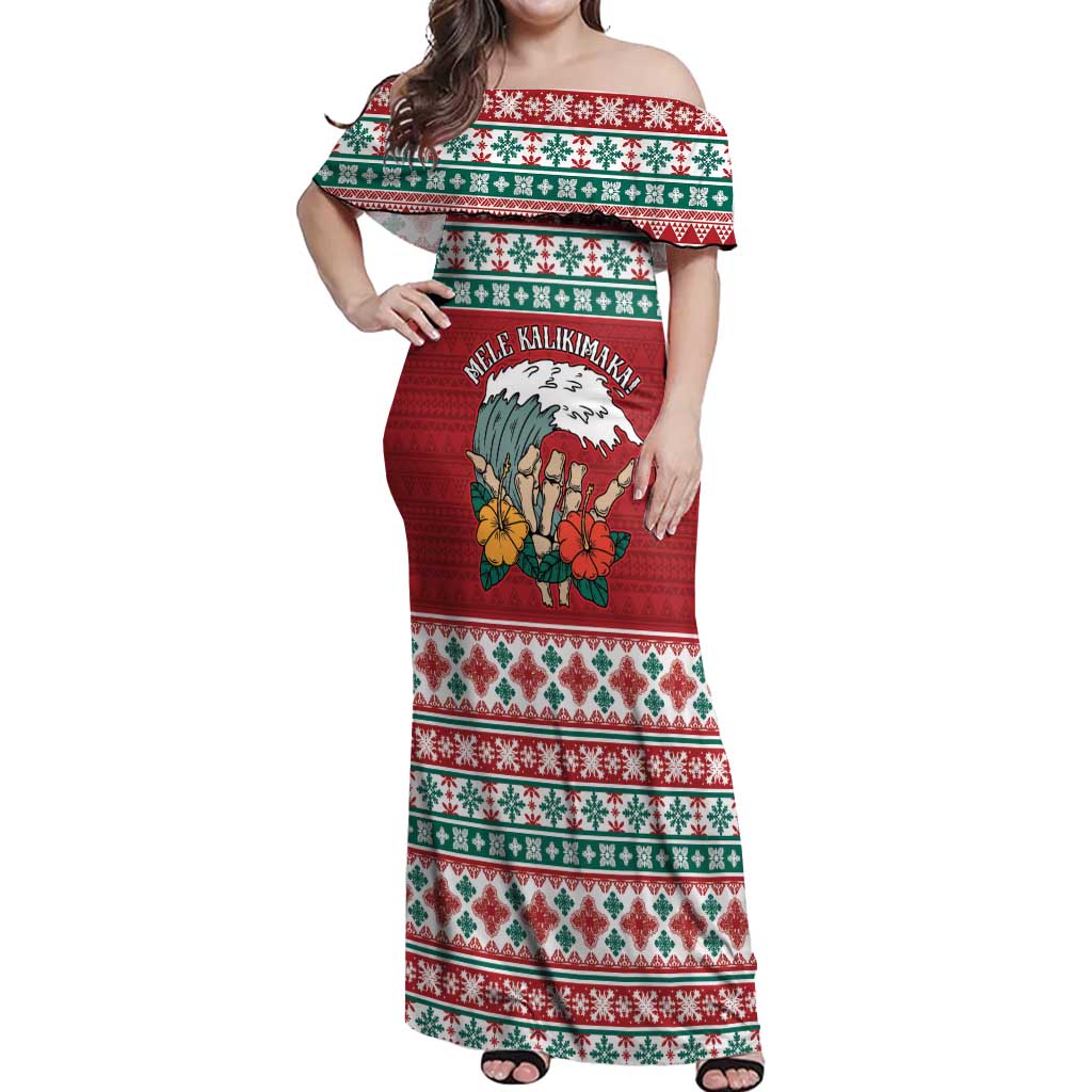 Shaka Sign Skull Mele Kalikimaka Personalized Off Shoulder Maxi Dress Hawaiian Quilt Pattern LT9 Women Red - Polynesian Pride