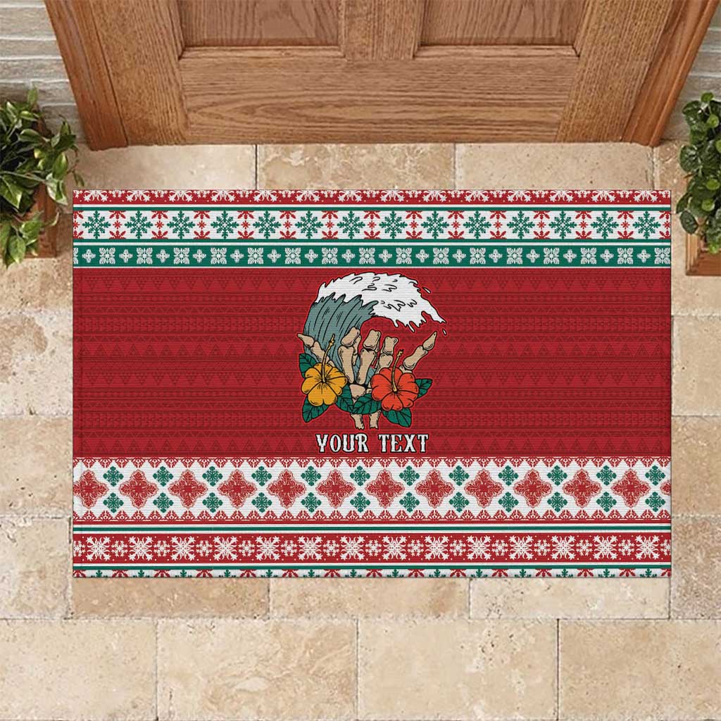 Shaka Sign Skull Mele Kalikimaka Personalized Rubber Doormat Hawaiian Quilt Pattern LT9 Red - Polynesian Pride