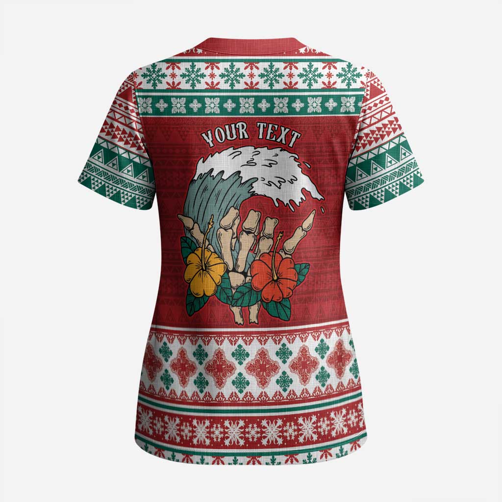 Shaka Sign Skull Mele Kalikimaka Personalized Scrub Top Hawaiian Quilt Pattern LT9 - Polynesian Pride