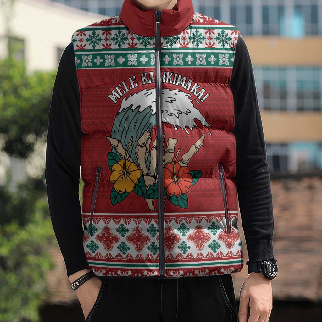 Shaka Sign Skull Mele Kalikimaka Personalized Sleeveless Puffer Jacket Hawaiian Quilt Pattern LT9 - Polynesian Pride