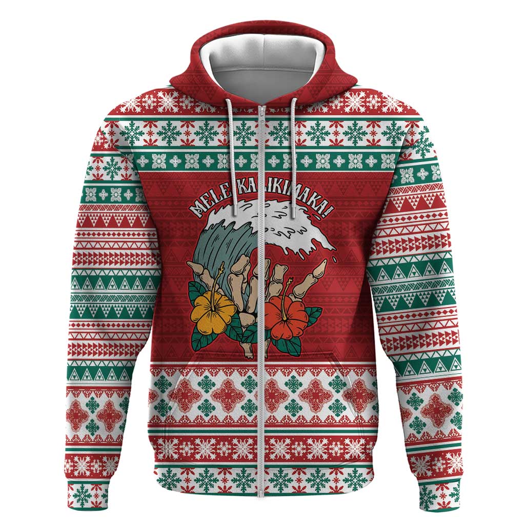 Shaka Sign Skull Mele Kalikimaka Personalized Zip Hoodie Hawaiian Quilt Pattern LT9 Zip Hoodie Red - Polynesian Pride